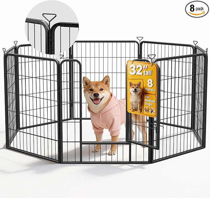 Heavy-Duty Iron Dog Playpen Outdoor Indoor,32 Inch 8 Panels Dog Play Pen | Dog Fences for RV Camping/Yard/Garden,Portable Dog Play Pen for Dogs,Puppies,Small Animals,Black Silver