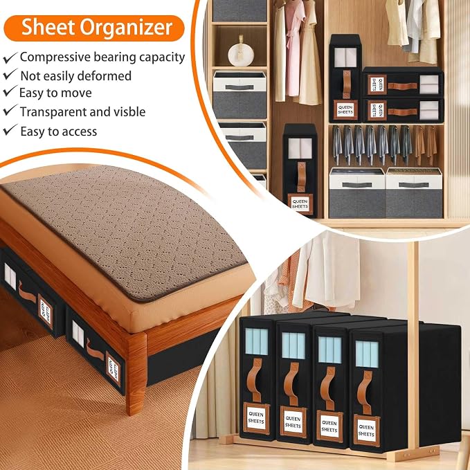 GhvyenntteS 12 Pack Bed Sheet Organizers and Storage, Sturdy Bed Sheet Organizer with Zipper and Handle, Foldable Linen Closet Organizers and Storage with Window and Label, Black