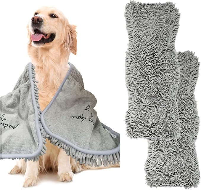 Patas Lague 2 Pack Absorbent Dog Towel for Drying Dogs Large, 35''x15'' Extra Large Microfiber Quick Drying Pet Bath Towel with Hand Pockets, Machine Washable Pet Shammy 2Grey