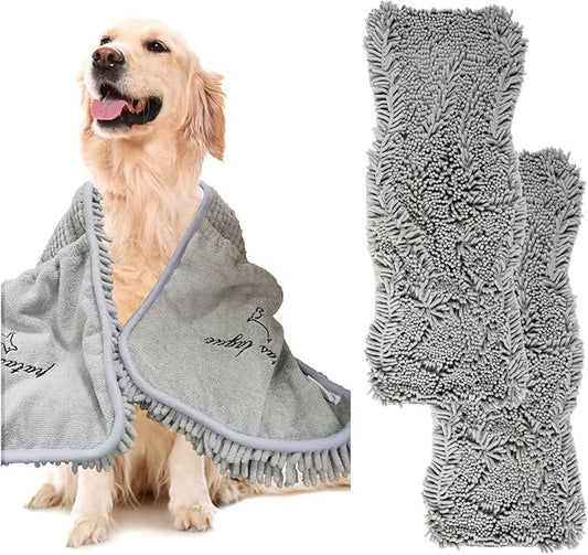 Patas Lague 2 Pack Absorbent Dog Towel for Drying Dogs Large, 35''x15'' Extra Large Microfiber Quick Drying Pet Bath Towel with Hand Pockets, Machine Washable Pet Shammy 2Grey