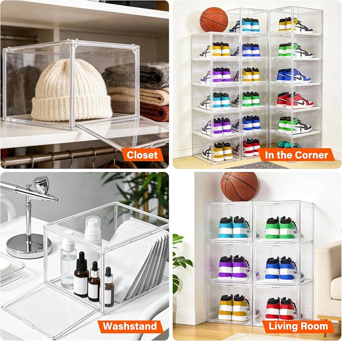 12 Pack Clear Acrylic Sneaker Boxes Fits Size 13, Drop Front Magnetic Door | Deep Narrow-front Boxes for Sneakers, Athletic Shoes, High-top Styles Shoes. Space Saving Storage.10.6 x 14.2 x 9.1 in