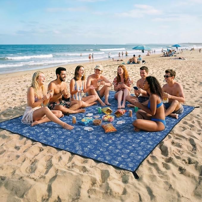 OIGAE Beach Blanket Waterproof Sandproof Oversized Beach Mat | Picnic Mat with Stakes, Storage Bag - Essentials for Outdoor Beach, Picnic,Quick-Dry Lightweight,Windproof Pockets
