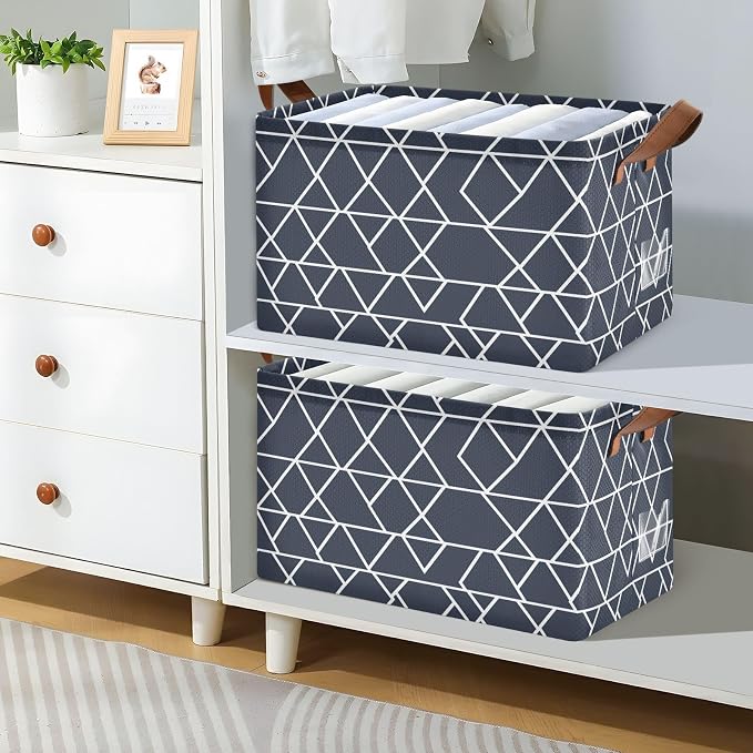 White and Dark Blue Geometric Storage Basket Foldable Cube Storage Bins with Handles&Label Waterproof Collapsible Organizer Box Bin Large Rectangle Decorative Baskets for Shelve Home Room Laundry-2 PC