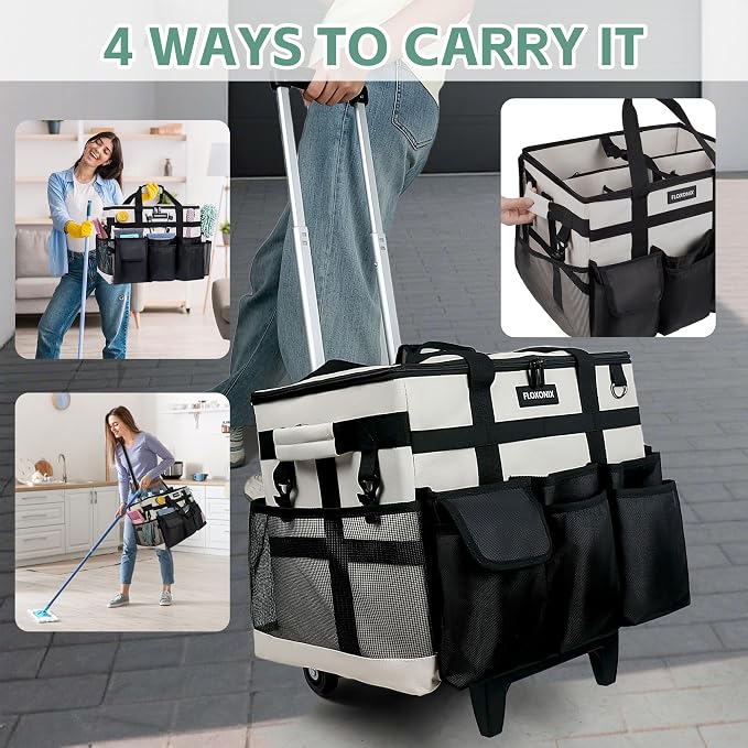 Large Rolling Cleaning Caddy Bag with Wheels, with Detachable Trolley, Cleaning Bags on Wheels for Housekeepers, Cleaning Cart Supplies Organizer for Home, Car, Picnic (Beige)