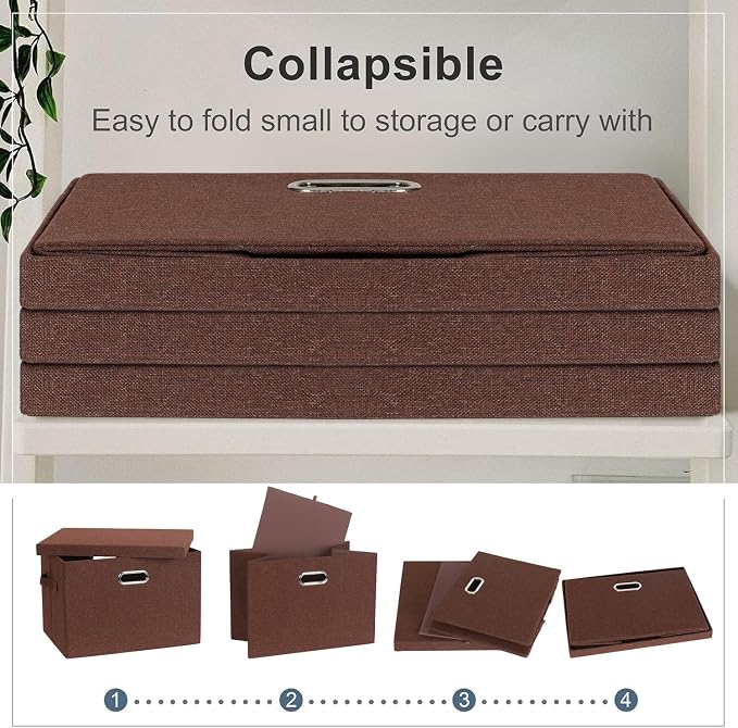 Storage Bins with Lids Fabric Closet Organizers Cubes Office Organization | 36 Quart 3 Pack Dark Red Collapsible Stackable Linen Fabric 4 Handles Bedroom Closet Cabinet Under Bed Clothes Toy Office