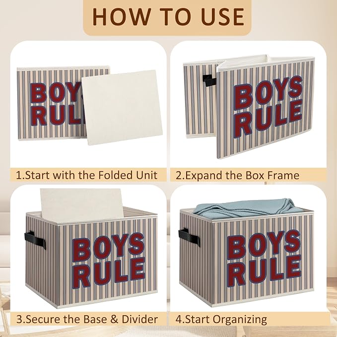 Boys Nursery Foldable Storage Bins Box with Handles, Boys Rule Trendy Retro Striped Decorative Storage Boxes Baskets Toybox Organizer for Kids Boy Nursery Toddler Room Bedroom Playroom