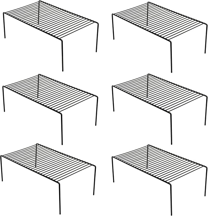 Set of 6 Large (15.7 x 9.4 Inch) Kitchen Cupboard Organiser, Freezer Cabinet Storage Metal Shelf Wire Rack, Rustproof Steel Shelves for Fridge Pantries Countertops Utensils, Black