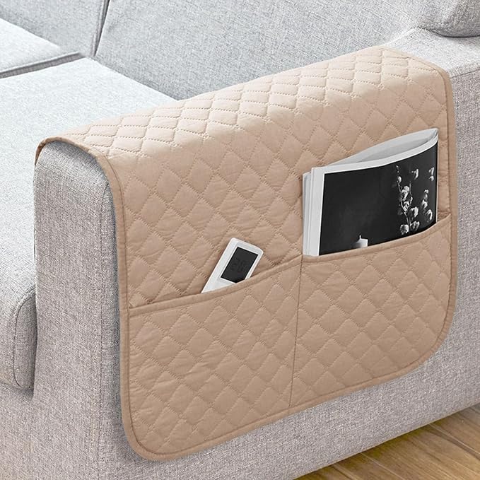 Anti-Slip Arm Rest Covers for Sofa Organizer Polyester Pongee Waterproof Couch Arm Covers with Side Pocket Arm Chair Covers, Arm Chair Bedside Storage(Beige)