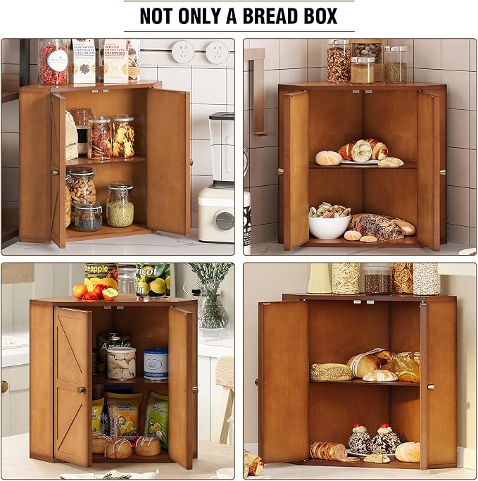 Trironsun Corner Bread Box for Kitchen Counter Double Layer Bamboo Bread Storage Container Large Capacity Bread Storage Bin Farmhouse Breadbox Organizer (Antique Brown)