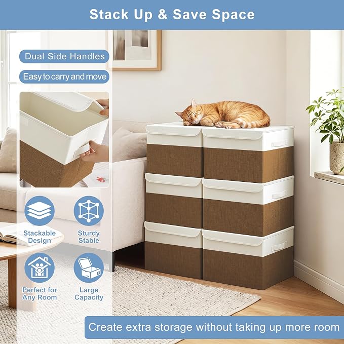 Large 22 Quart Linen Fabric Foldable Storage Bin Cube Organizer Basket with Flip-Top Lid & Handles, Clothes Blanket Box for Home, Office, Closet, Brown & White, 4 Pack 14.6 x 9.5 x 9.5