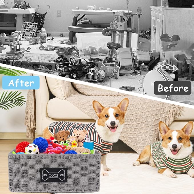 Dog Toy Basket Metal Frame Woven Rattan Foldable Bin, Dog Toy Storage Organizer for Living Room,Entryway,Toy Storage Organizer with Collapsible Rectangular Design,Pet Toy Basket for Dogs and Cats