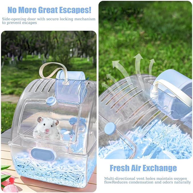 Small Portable Hamster Cages,Big Size(13×8.2×10.8'') Hamster Carrier with Water Bottle,Dwarf Hamster Travel Cage with Storage Box,360º Transparent Acrylic Pet Travel Carrier,Mouse Gerbil Cage(Blue)