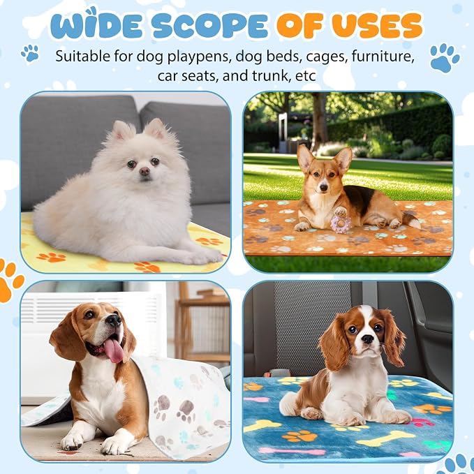 Tegeme 6 Pcs Waterproof Dog Blanket 30 x 20 Inch Paw Print Pet Blanket for Dogs Cats Puppy Washable Soft Fluffy Fleece Rug Flannel Throw Warm Sleep Mat for Kitten Doggy