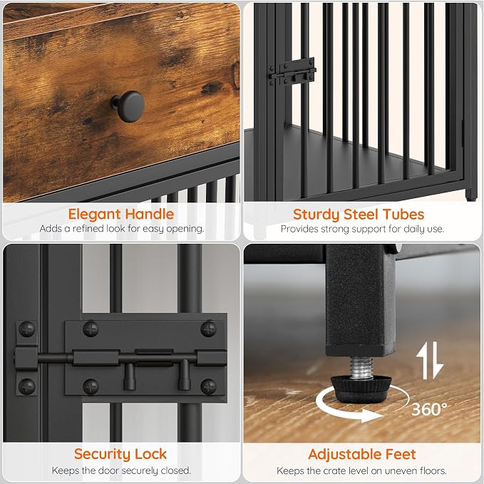 HOOBRO Dog Crate Furniture, Wooden Dog House, Decorative Dog Kennel with Drawer, Indoor Pet Crate End Table for Small Dog, Steel-Tube Puppy Cage, Chew-Proof, Rustic Brown and Black BF01GW03