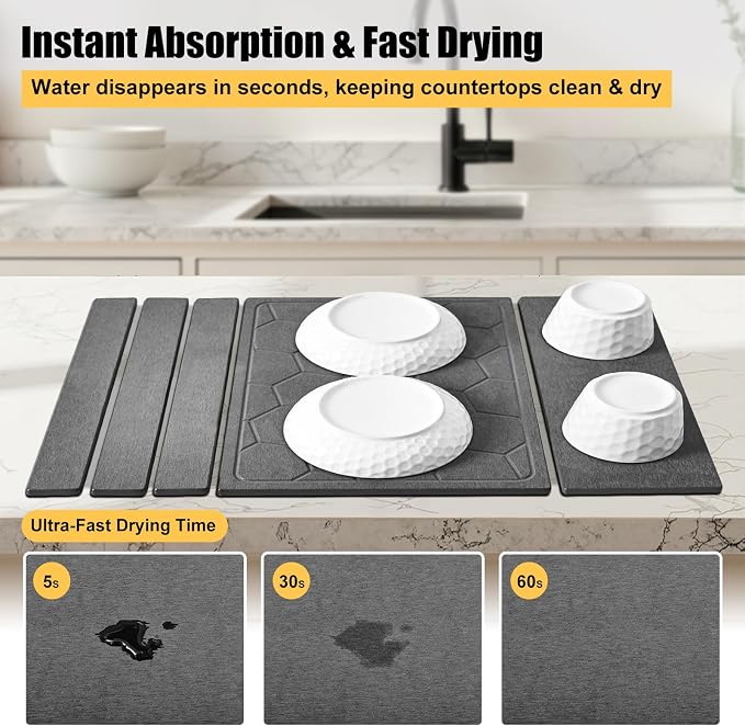 3-in-1 Collapsible Stone Dish Drying Mat, Gray, 24"x16"