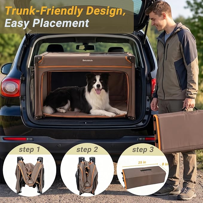 36 Inch Collapsible Travel Dog Crate, 4 Doors & Soft Pet Mat | Portable Dog Travel Crate for Medium Dogs,Large Storage Bag & Breathable Mesh,Soft Sided Dog Crate for Indoor & Outdoor Khaki