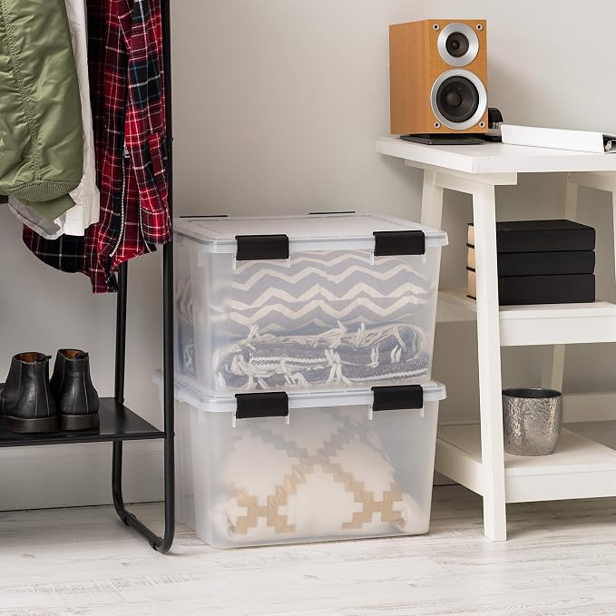 IRIS USA WeatherPro Storage Bins with Lids, 47 Qt, Gasket Seal, 2 Pack | Airtight gasket helps protect clothing, shoes, crafts, keepsakes, and household supplies from moisture and dust.