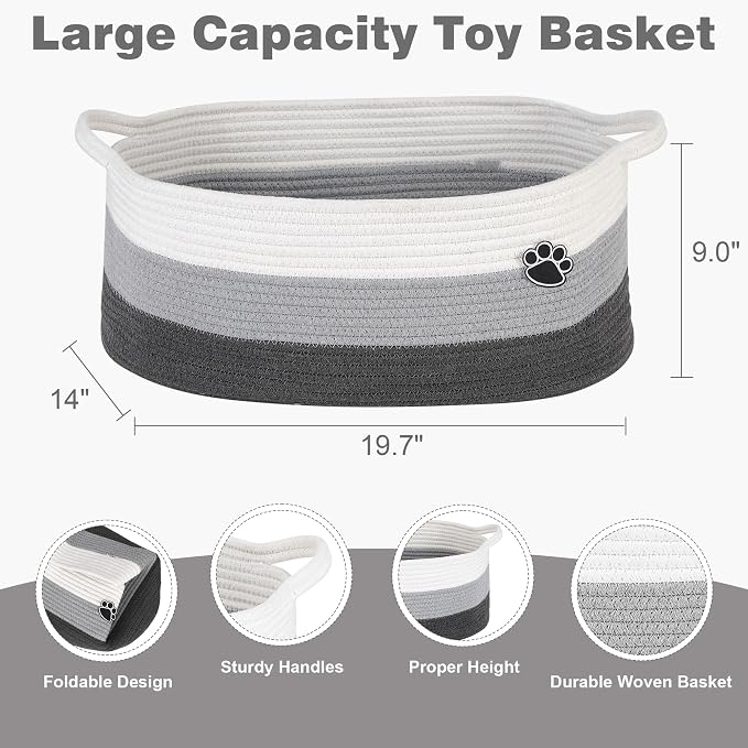 Optish 40L Extra Large Dog Toy Basket, 20" x 14" x 9" XL Toy Storage Box and Bin with Handles, Woven Cotton Rope Foldable Basket for Blankets, Living Room, Bedroom, Home Decor, White & Grey