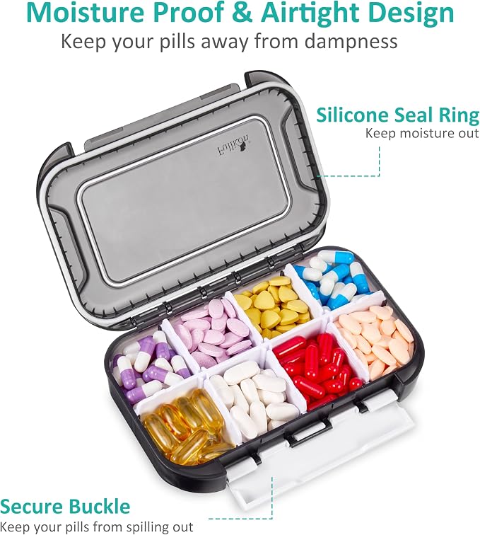 Fullicon Moisture Proof Pill Organizer, 8 Compartment Travel Case, Black | Holds Up to 66 Capsules or 17 Fish Oils, Safety Buckle, Removable Dividers, Labeling Stickers Included, Stackable Design