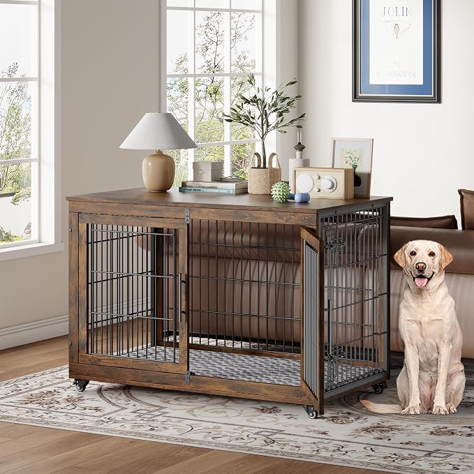 YaFiti Dog Crate Furniture, 44" Wooden Indoor Dog Kennel, Rustic Brown | Cushion, Wheels, Double Doors, for Large Dogs, Up to 85 lb, Furniture Style, Side End Table, Decorative Pet Dog Cage House