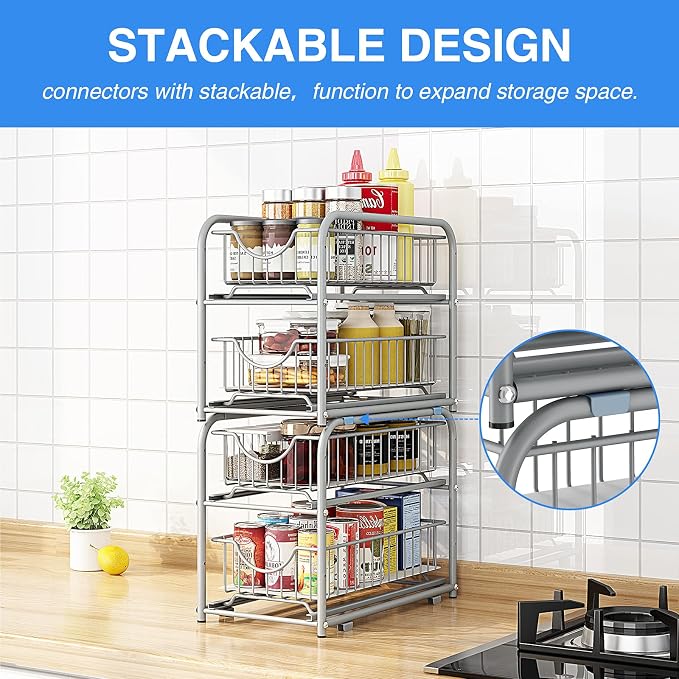 2-Tier Pull Out Organizer Under Sink Sliding Cabinet Rack,Sliver | Stackable sliding basket metal organizer with adjustable height and anti slip pad. Ideal for under sink or cabinet storage.