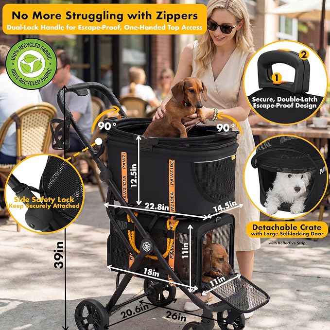 PAWZIDEA Double Pet Stroller with 2 Detachable Carrier, Multifunctional | Portable Travel Crate & Car Seat Combo & TSA-Approved Expandable Carrier, Foldable Jogger Stroller for 2–4 Cats or Small Dogs