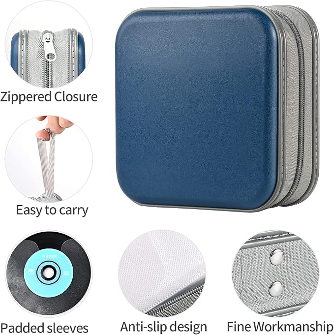 UENTIP CD Case for Car,48 Capacity DVD storage Organizer For Home Travel | CD Holder DVD Case, Smooth Double Zipper, Hard Plastic Shell, Scratch-Resistant, Slip-Resistant Tab, Blu-ray/CD/DVD Storage