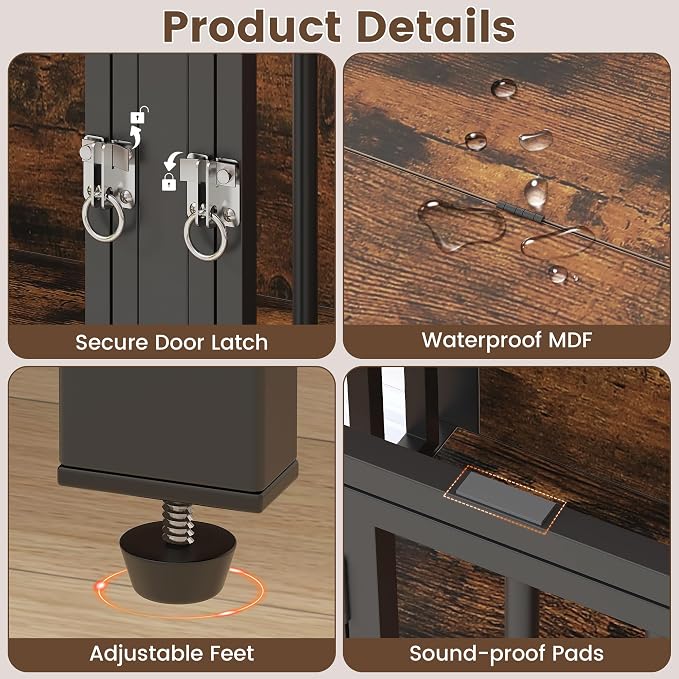 BOINN 63 Inch Dog Crate, Large Dog Crate for 2 Dogs, Dog Kennel Indoor for Medium/Small Dogs with Top Access Door, XL Wooden Dog Cage with 360 Degree Rotatable Stainless Bowls, Heavy Duty Steel Frame