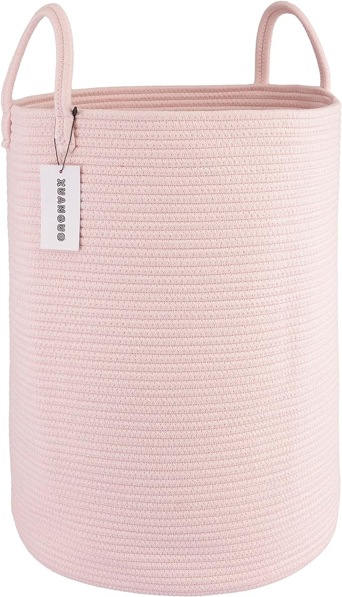 XUANGUO Cotton Rope Laundry Basket Hamper for Clothes Large Light Pink | Woven Storage Basket for Living Room Bedroom Boho Tall Rope Baskets for Blanket Toys Pillow Towels Baby Nursery Hamper Bin