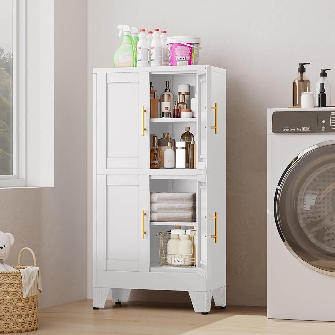 47” White Metal Bathroom Storage Cabinet, Kitchen Pantry Cabinet | Steel Storage Cabinet with Doors and 3 Adjustable Shelves, Bathroom cabinets Organizer, for Home Office, Bedroom