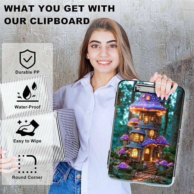 A4 Clipboard with Storage Pen Holder, Clipboards Organizer Nursing Clipboard Foldable File Folder Plastic Clipboard Folio Clip Board for Office Work Classroom Doctor, Purple Mushroom Castle