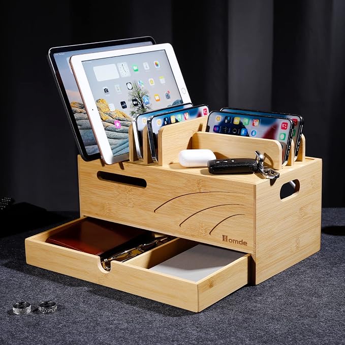 Homde Bamboo Charging Station Organizer: Charger Rack for Multiple Devices | Cable Cord Management Box with 6 Compartments and Drawer - Electronic Docking Stand for Chargers Phones Tablets (Natural)