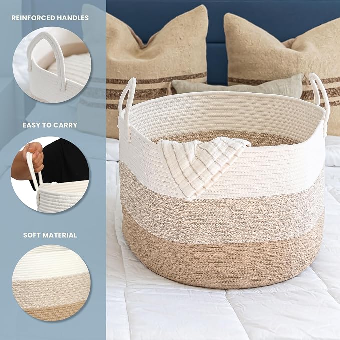 OrganiHaus Round Toy Basket & Blanket Basket, Cotton Rope 20x13" | 3-Toned Honey - Round Cotton Rope Basket, 20x13"