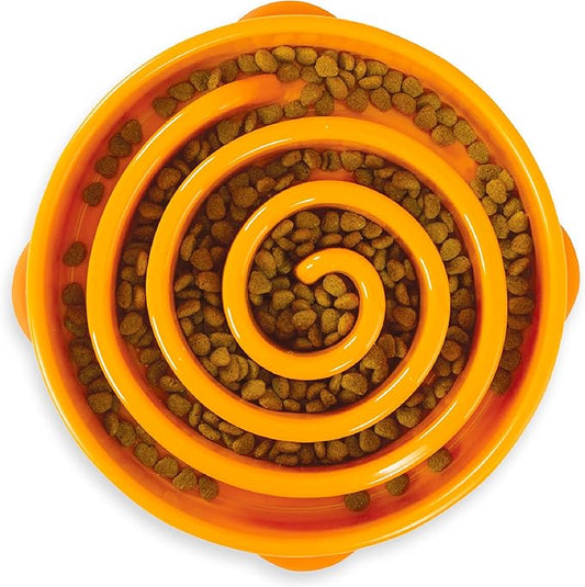 Outward Hound Fun Feeder Slo Bowl – Large 4‑Cup Capacity, Slow Feeding, Medium to Large Dogs, Non‑Slip, Orange, Swirl Pattern
