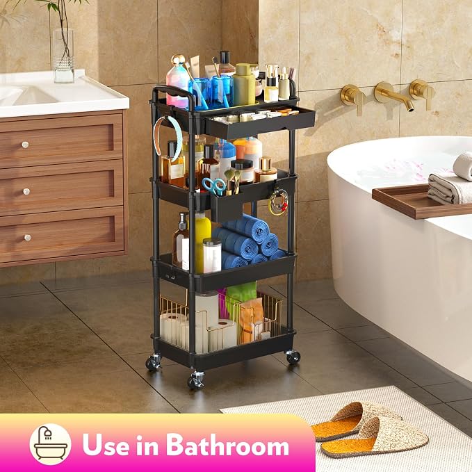 SUNALLY Makeup Cart Organizer with Drawer,4 Tier Rolling Makeup Cart, Black | Rolling Vanity Storage for Skin Care Perfume Nail Polish, Floor Skincare Organizers Cosmetics Display Bathroom Storage Cart