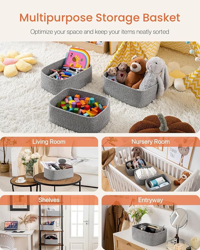 KALLAX Small Woven Storage Basket for Organizing, 13.5x9.5x5 inches, 3 Pack | Shelf baskets for closet organization, toy storage and home decor, Perfect as empty gift baskets for holidays, Mixed Grey