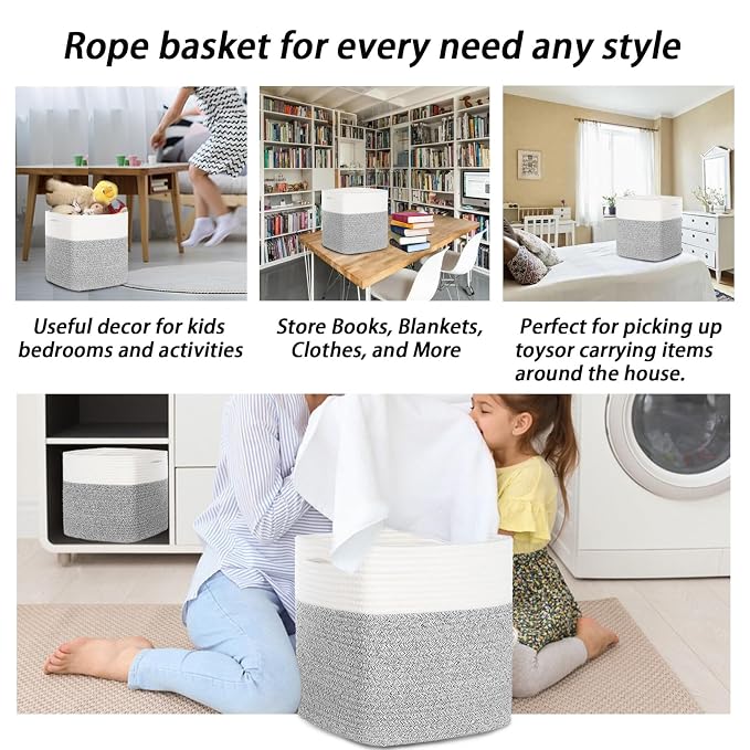 COMFY-HOMI 3PACK Cotton Rope Square Basket with Handles for Shelves|Dog Toy Bin and Storage|Baby Gift|Shoe Organizer|New 11" x 11" x 11" for Living Room