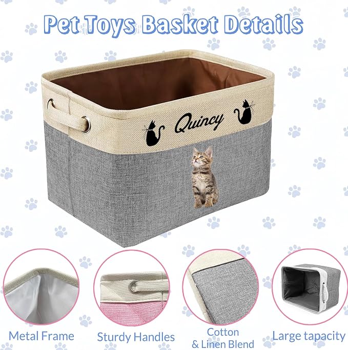 Personalized Dog Cat Toy Basket with Name Photo, Custom New Puppy Toy Storage Bins with Handles, Customized Baskets Organizer for Blankets Pet Supplies Clothes Food
