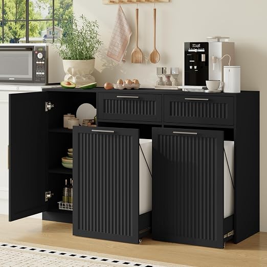 Double 13 Gallon Pull Out Trash Can Cabinet with Storage Cabinet,Black | Pet Proof Hidden Garbage Can Cabinet,3-Tier Shelves,Fluted Design,Extra Drawer Space,Kitchen & Dining Room Organization