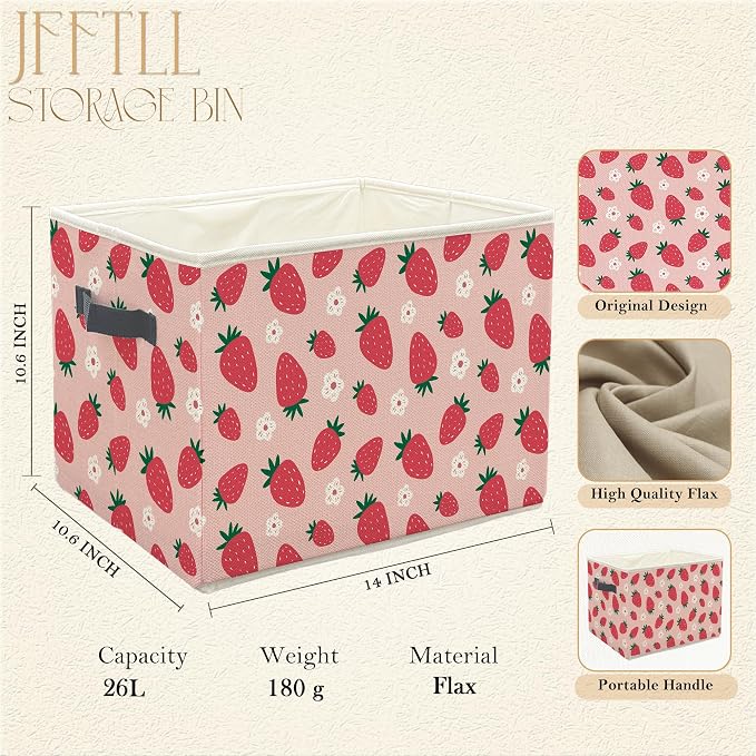 Pink Strawberry Storage Bins with Handles, Aesthetic, Preppy Cute Floral Strawberry Fruit Collapsible Laundry Basket Storage Box for Home Bedroom Bathroom Clothes Toys Books