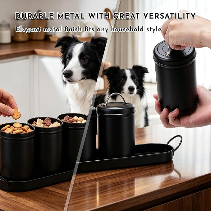Dog Treat Container Airtight Set with Lid, 3 Dog Treat Jar with Tray | Metal Black Dog Food Storage Container with Labels & Marker, Dog & Cat Treat Holder, Easy Open Lid & Easy Carry Handles