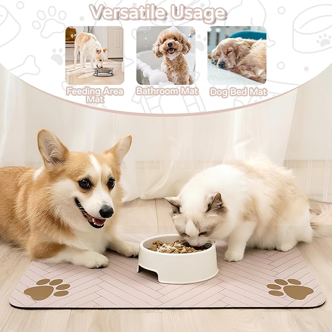 Pet Feeding Mat-Absorbent Dog Feeding Mat for Food and Water Bowl,No Stains Pet Placemat,Quick Drying Water Dispenser Mat for Dog and Cat,Easy to Clean Dog Accessories(S,Brown)