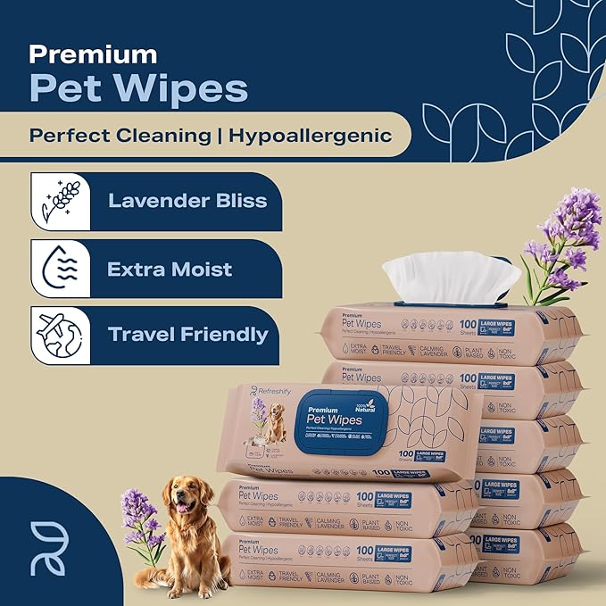 REFRESHIFY Dog Wipes for Paws and Butt - (Bulk 800 Wipes) - Plant Based Lavendar Scented, Pet Wipes for Dogs and Cats - Deodorizing Non Toxic Dog Wipes - 8 Packs of 100