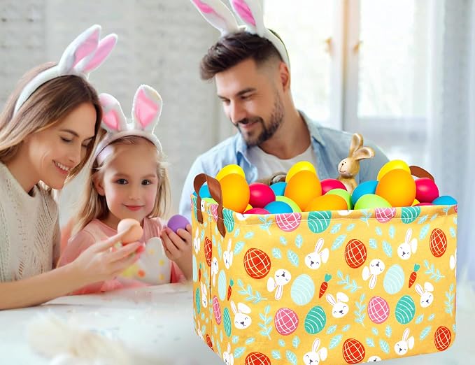 Large Rectangular Easter Baskets Empty Waterproof Boy Toy Box Foldable Kid's Gifts Storage Bin Spring Room Decor(Yellow Leaf Rabbit Egg)