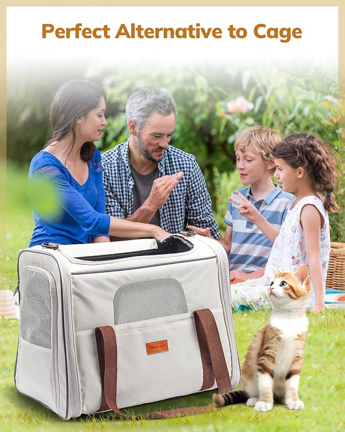 Morpilot Cat Carrier Soft for Large Medium Cats and Puppy up to 18lbs | Pet Carrier with Safety Zippers, Foldable Bowl, Airline Approved Large Dog Carrier - Beige