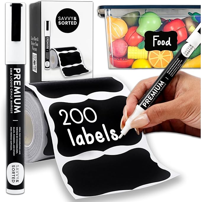 200 Chalkboard Labels for Containers - Waterproof Black Jar Labels with Chalk Markers, Reusable Chalk Stickers Kitchen Pantry Containers and Storage Bin Organization