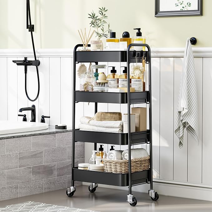 TOOLF 4 Tier Metal Rolling Cart, Utility Storage Cart with Wheels, Black | Screwless Assembly, Lockable Metal Wheels, Trolley Organizer for Bathroom, Kitchen, Office, Dorm, Laundry, Craft Room