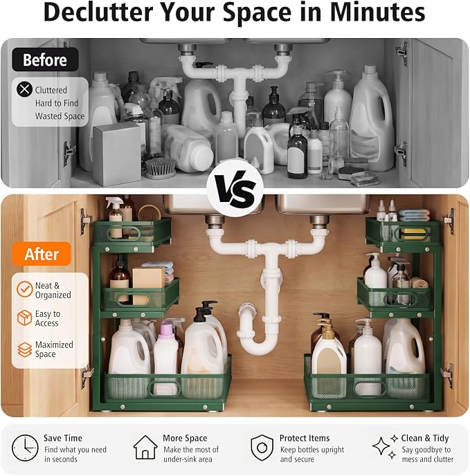 Under Sink Organizer, 3-Tier Sliding Drawers, 2-Pack Forest Green | 5 Height Adjustable, Pull Out Cabinet Storage Rack, Space Saving Metal Organizer for Kitchen, Bathroom, Laundry & Pantry