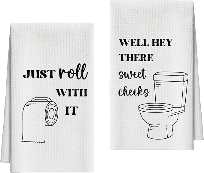 Bath Towels Set of 2, Funny Toilet Roll Dish Towel for Bathroom Spa Kitchen, Just Roll with It Decorative Hand Towels, Fast Drying Tea Towel, Housewarming Xmas Gifts for Women Mom -B35
