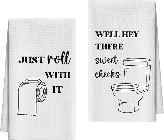 Bath Towels Set of 2, Funny Toilet Roll Dish Towel for Bathroom Spa Kitchen, Just Roll with It Decorative Hand Towels, Fast Drying Tea Towel, Housewarming Xmas Gifts for Women Mom -B35